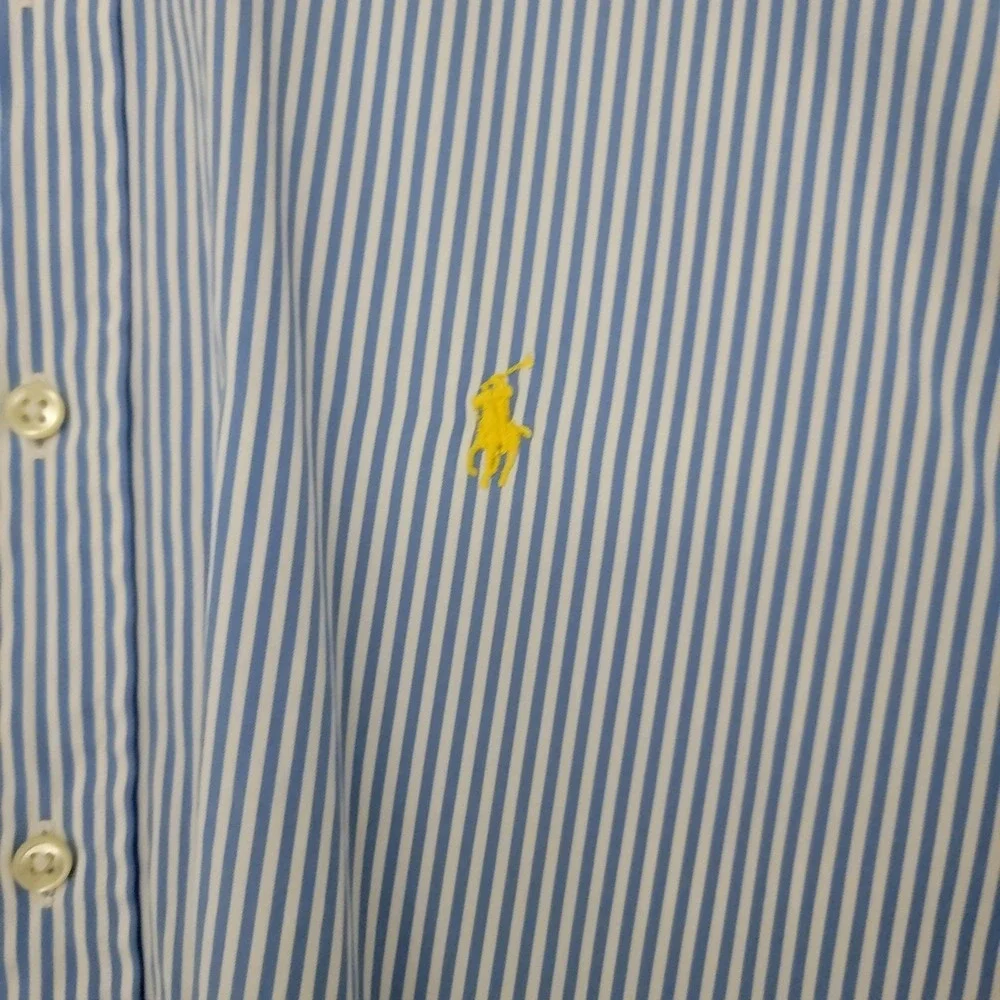 Ralph Lauren Shirt Mens XL Blue White Stripe Short‎ Sleeve Classic Yellow Pony